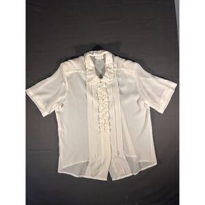 Vintage 80s 90s Cream Ruffle Blouse Sheer Coquette Poet Office Top 14P Romantic